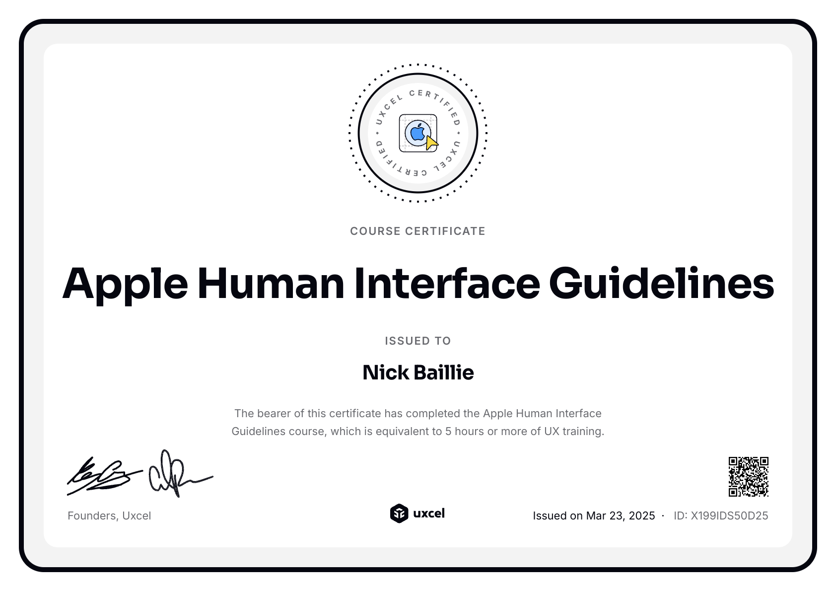 Nick Baillie's certificate